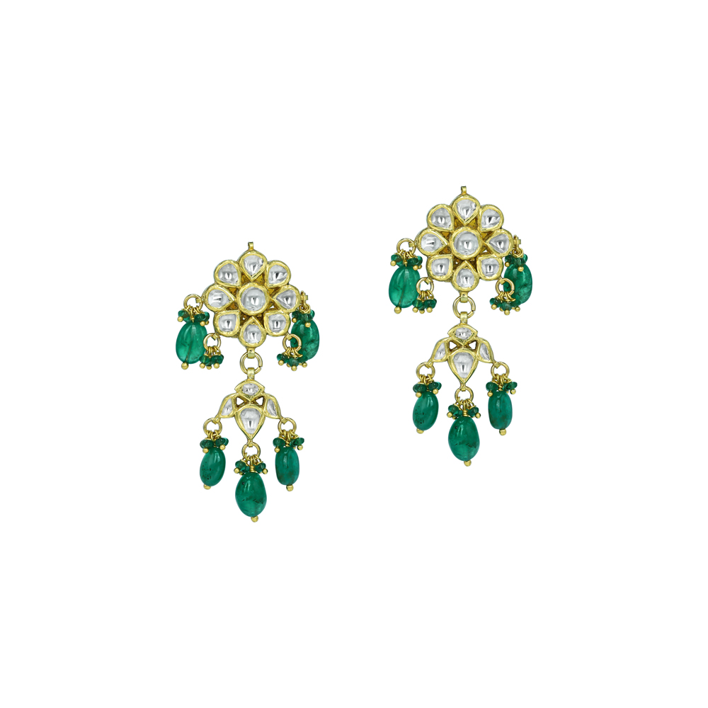 Polki Earrings with Emerald Drops and Intricate Design
